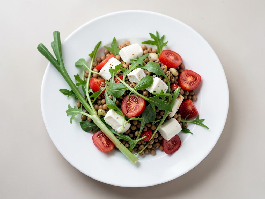 Insalata di lenticchie fruttata e fresca con porro, nettarina, mozzarella e rucola