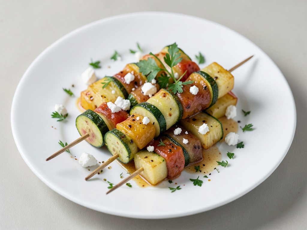 Spiedini dolci e acidi alla griglia con zucchine, ananas e feta