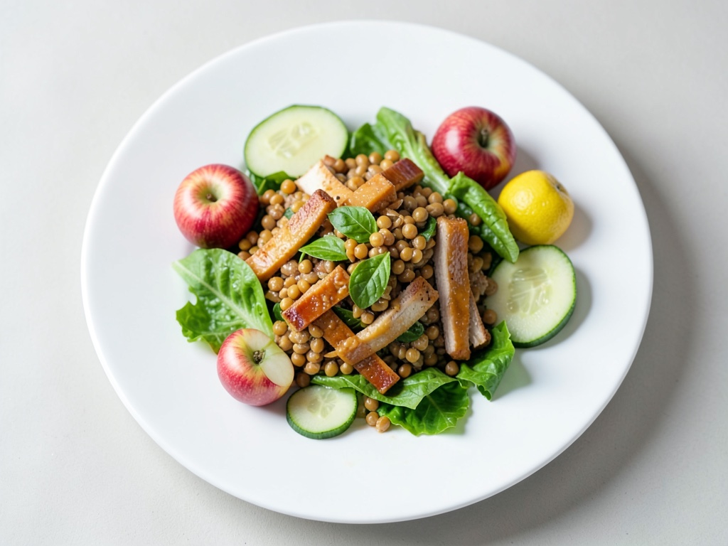 Insalata di lenticchie fruttata con striscioline di tacchino al curry