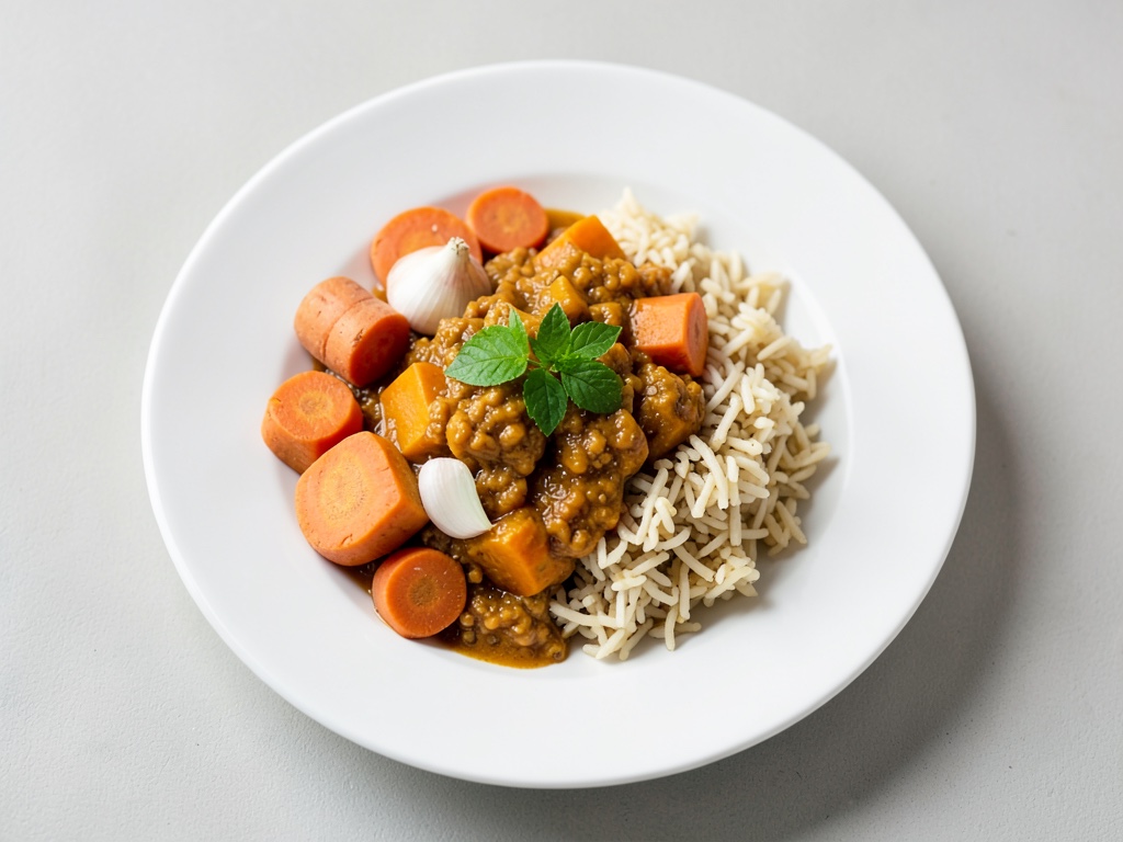 Curry di patate dolci con arancia fruttata e riso