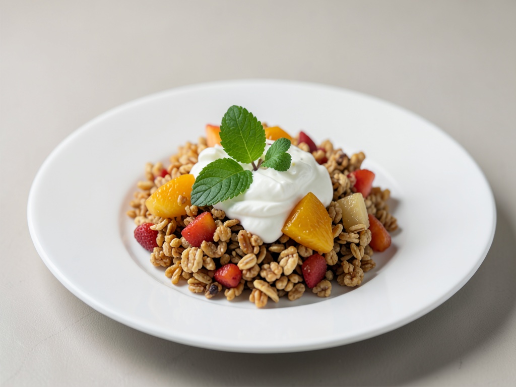 Granola crujiente con frutas y leche