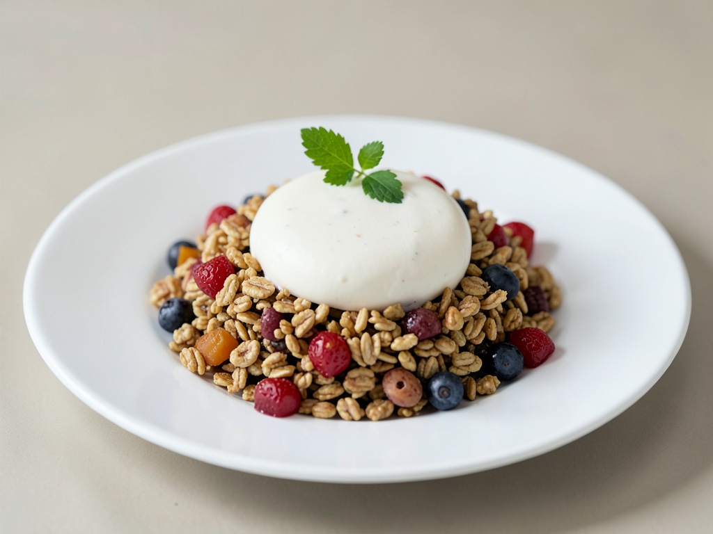 Granola crujiente con frutas y leche de soja