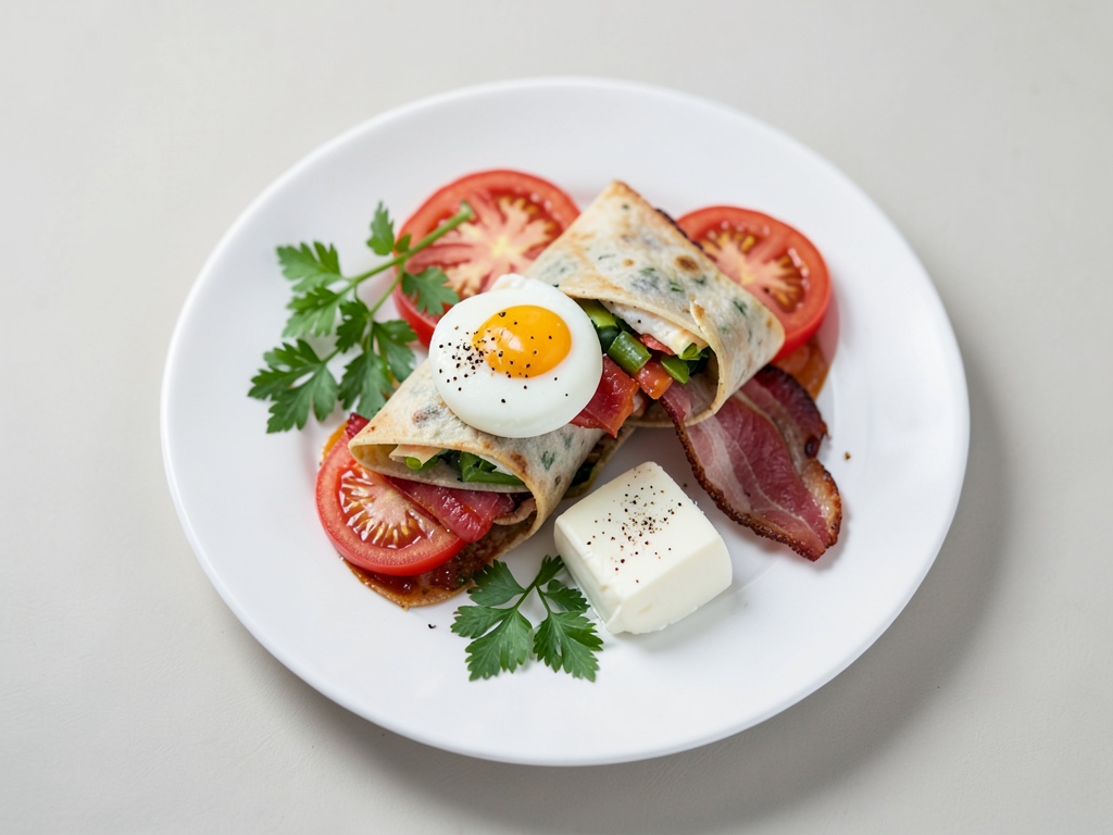 Wraps crujientes de bacon y tomate con huevo frito