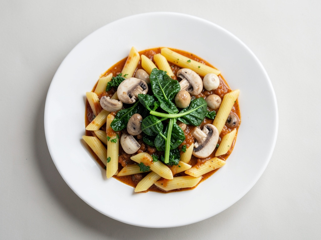 Fusilli in salsa di panna con spinaci e funghi