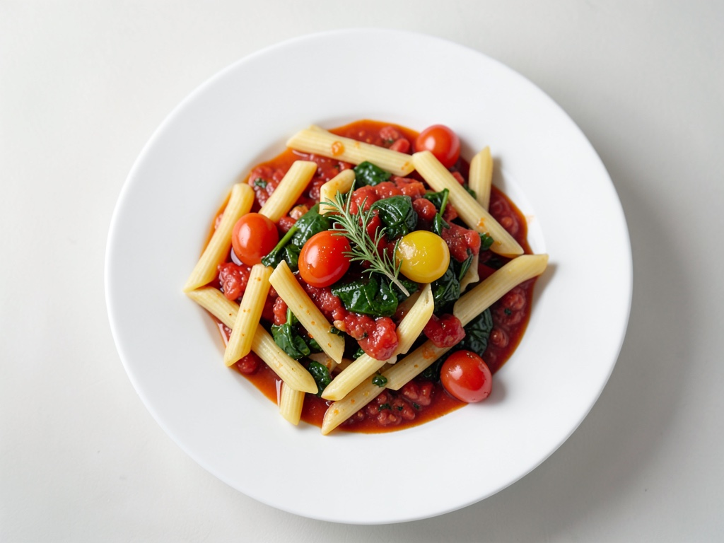 Fusilli con salsa di pomodoro fatta in casa e spinaci