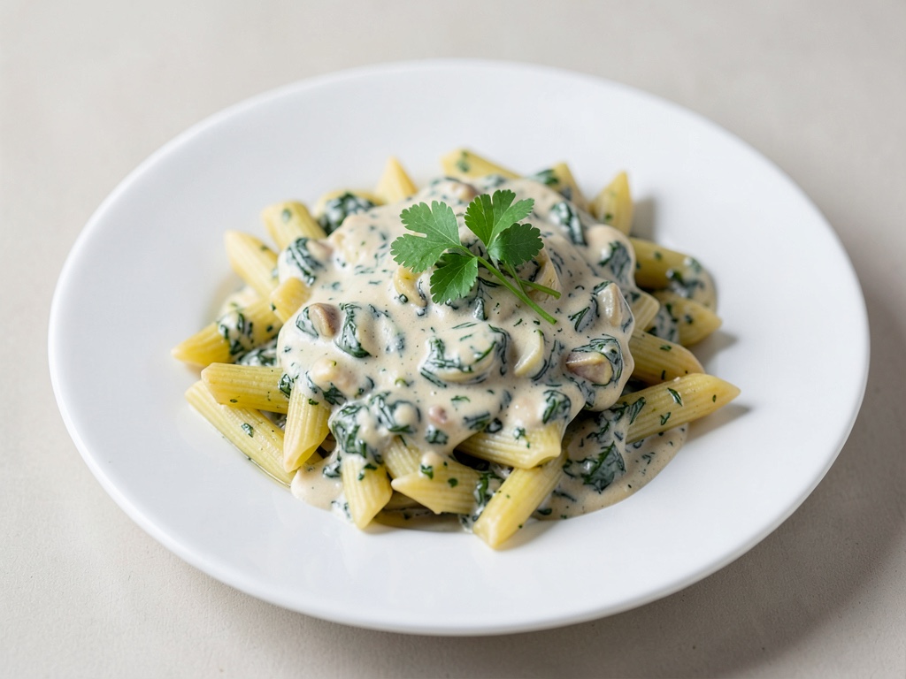 Fusilli vegani con salsa cremosa agli spinaci e cipolle