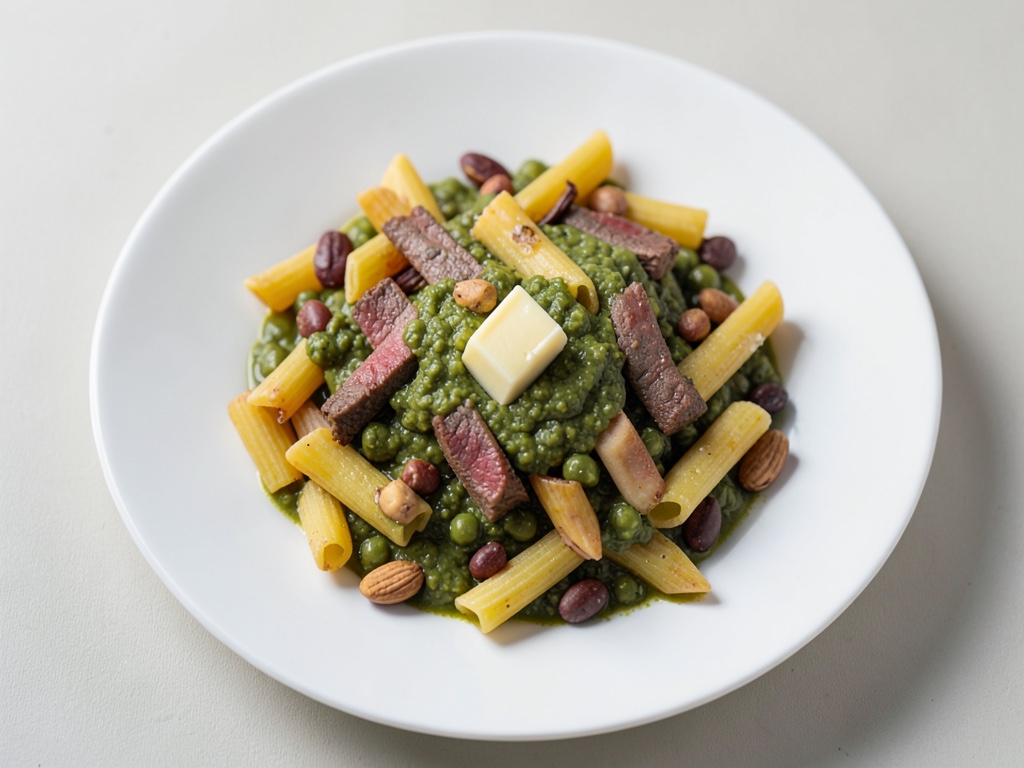 Fusilli con striscioline di bistecca e pesto di piselli