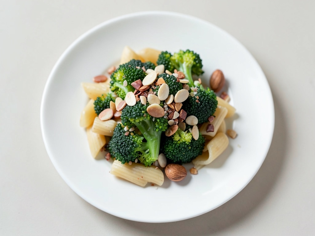 Fusilli con doppio broccoli e topping di mandorle e uvetta