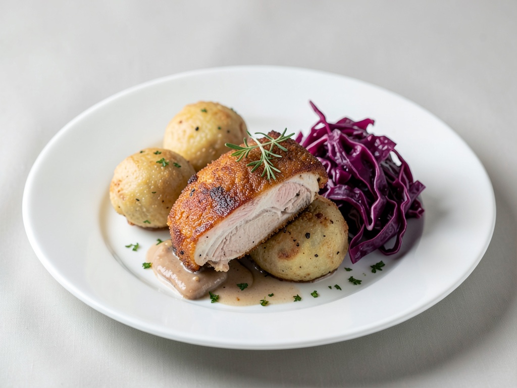 Petto d'oca croccante con gnocchi di pane e cavolo rosso