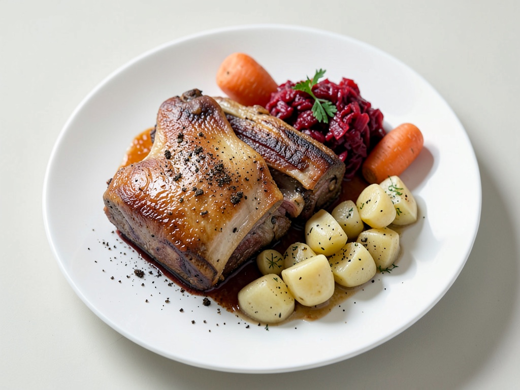 Cosce d'oca croccanti con crauti rossi e gnocchi