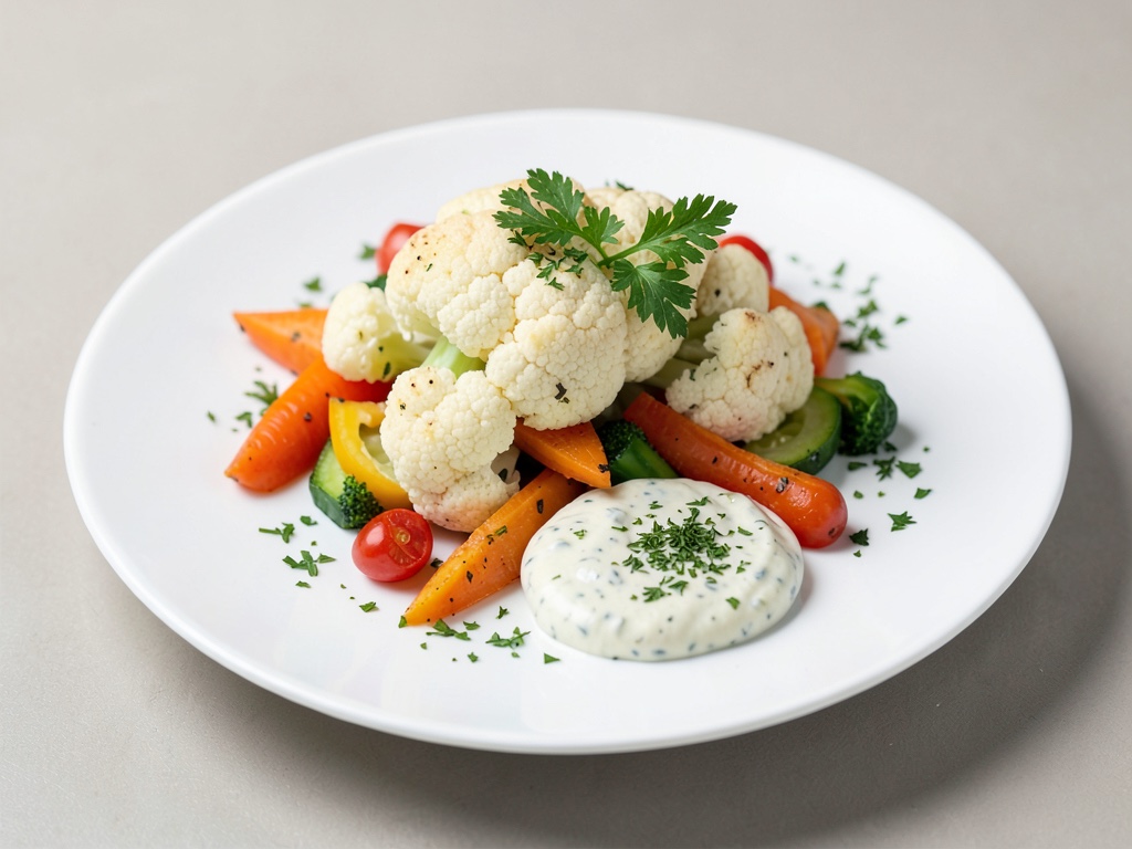 Chou-fleur rôti entier avec légumes de four et trempette végétale aux herbes