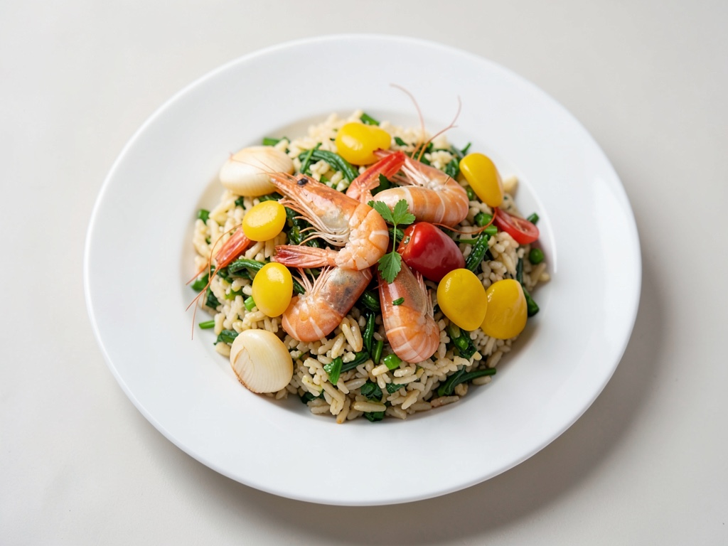 Gambas sobre arroz con verduras