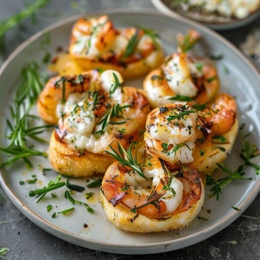 Crostanti crujientes de gambas con queso de cabra y romero
