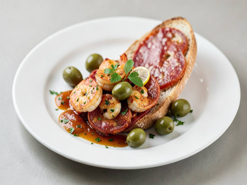 Poêlée de crevettes et poivrons avec baguette aux piments et olives aux citrons marinées