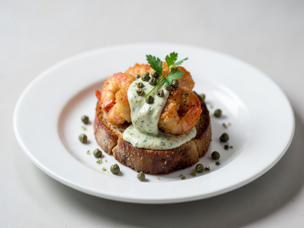 Gamberi croccanti su toast con aioli fatta in casa e capperi fritti