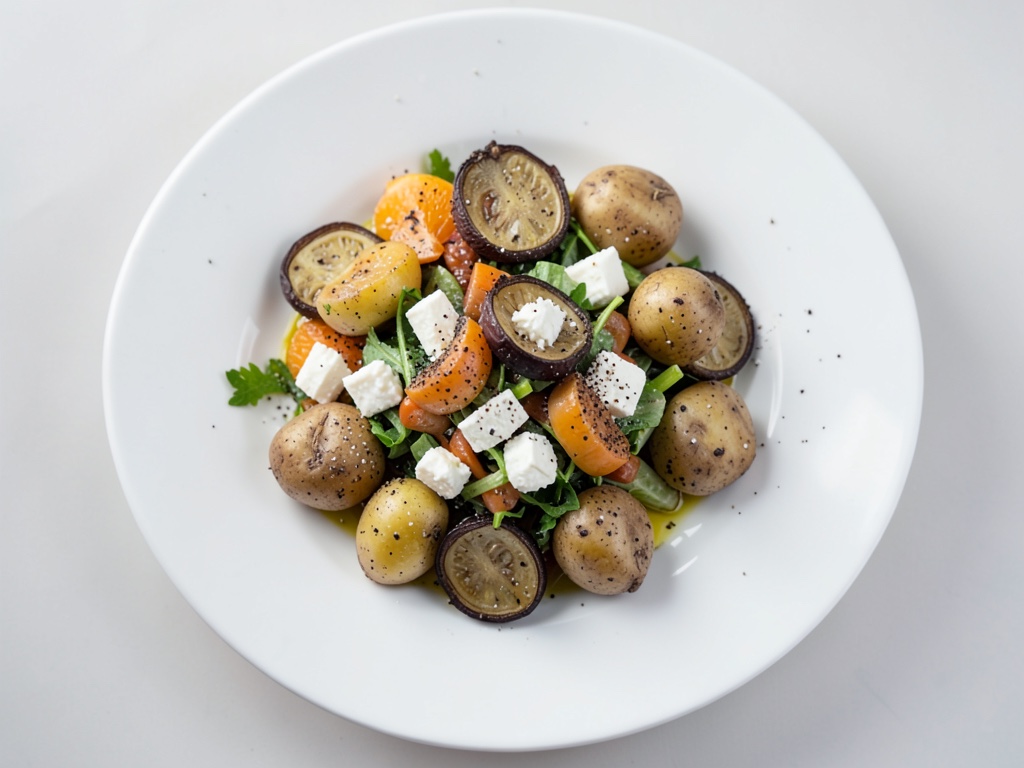 Patate al forno con melanzane al forno, feta e insalata di finocchio e arancia