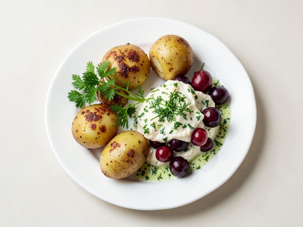Patate al forno a ventaglio con insalata di uva e mozzarella e salsa alle erbe