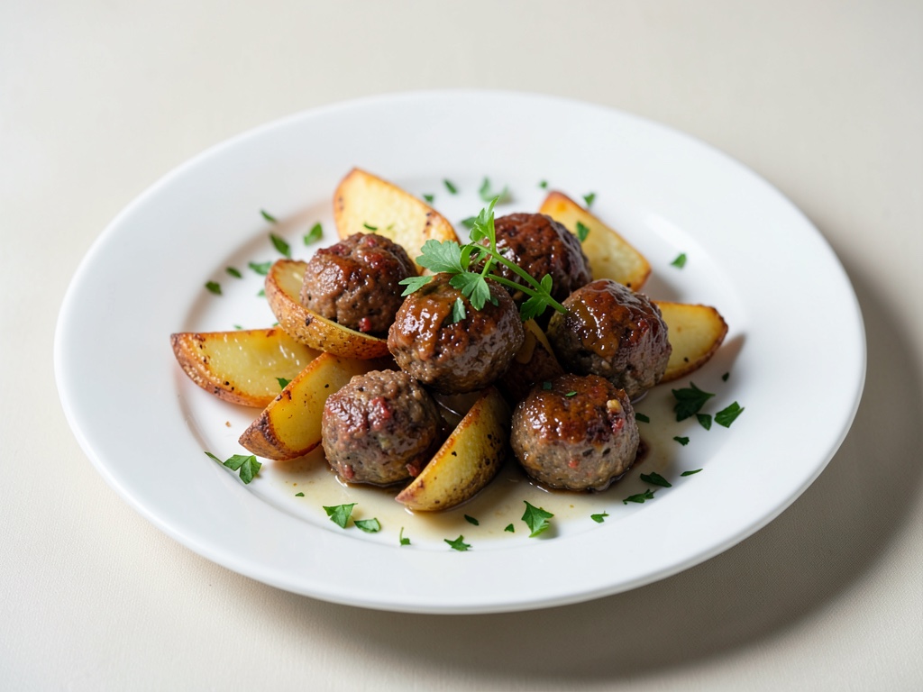 Strisce di patate al forno con polpettine di carne