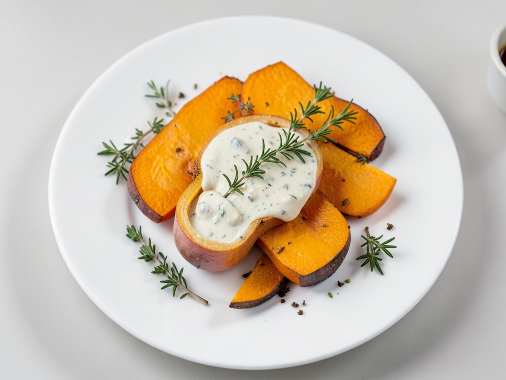 Carrés de potiron rôtis avec trempette aux herbes