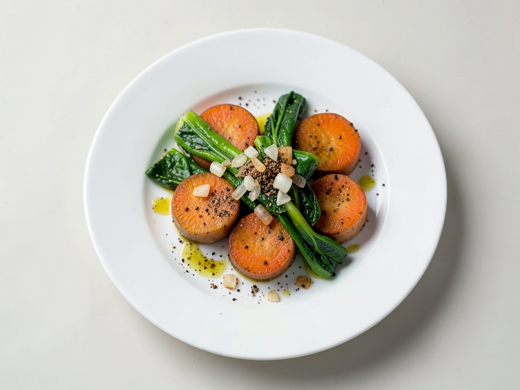 Cubetti di patata dolce al forno con Pak Choi piccante e cipolle croccanti
