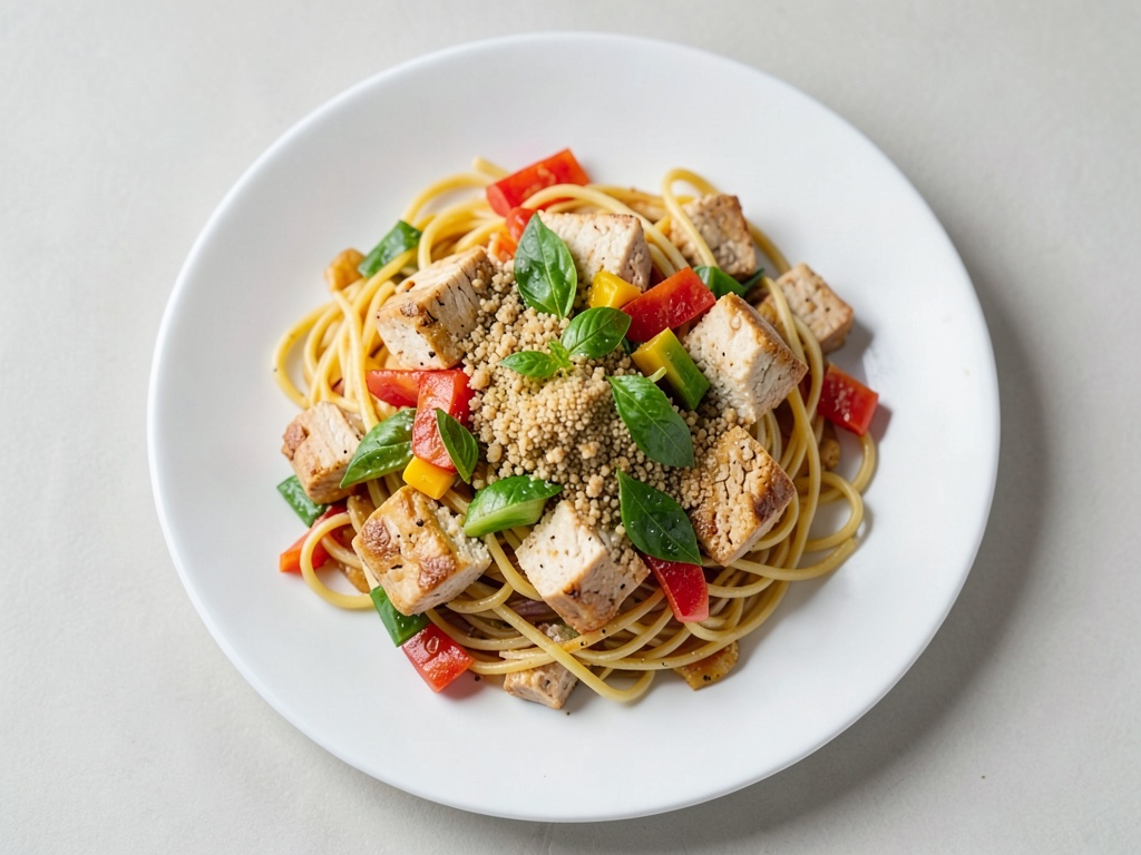 Knuspriger Tofu auf Nudeln mit Gemüse