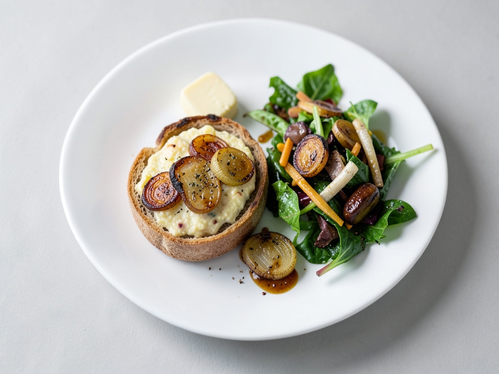 Ciabatta al forno con formaggio, cipolle caramellate e insalata fritta