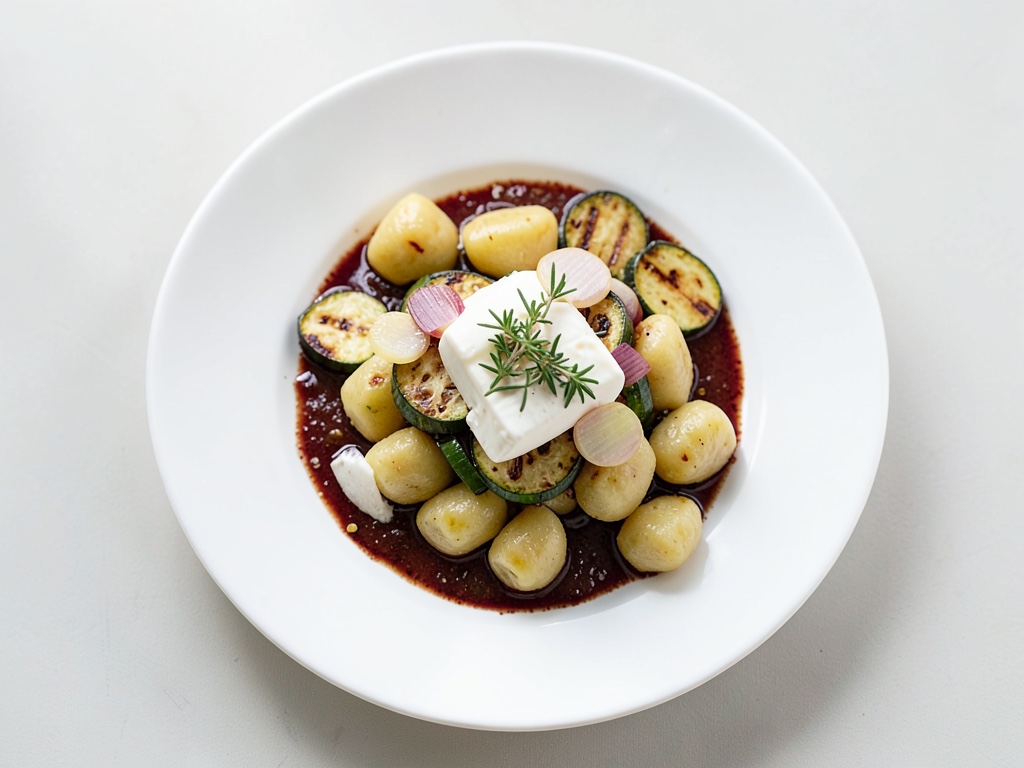 Gnocchi croccanti con zucchine, mozzarella e cipolle agrodolci