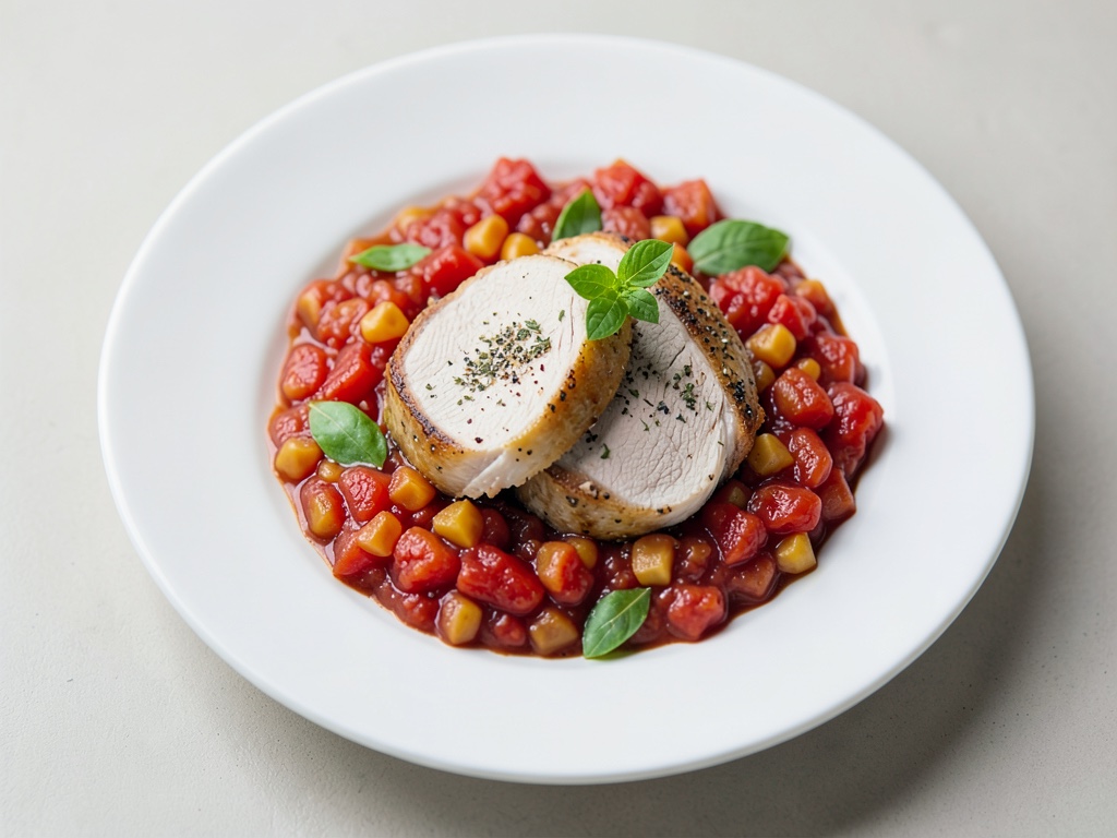 Poitrine de poulet sautée avec purée de patates douces et salsa tomate-menthe