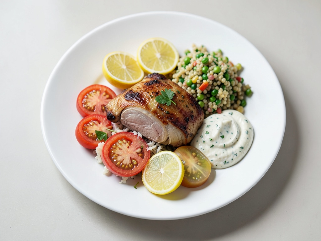 Petto di pollo fritto con riso al pomodoro, tabbouleh e yogurt al limone