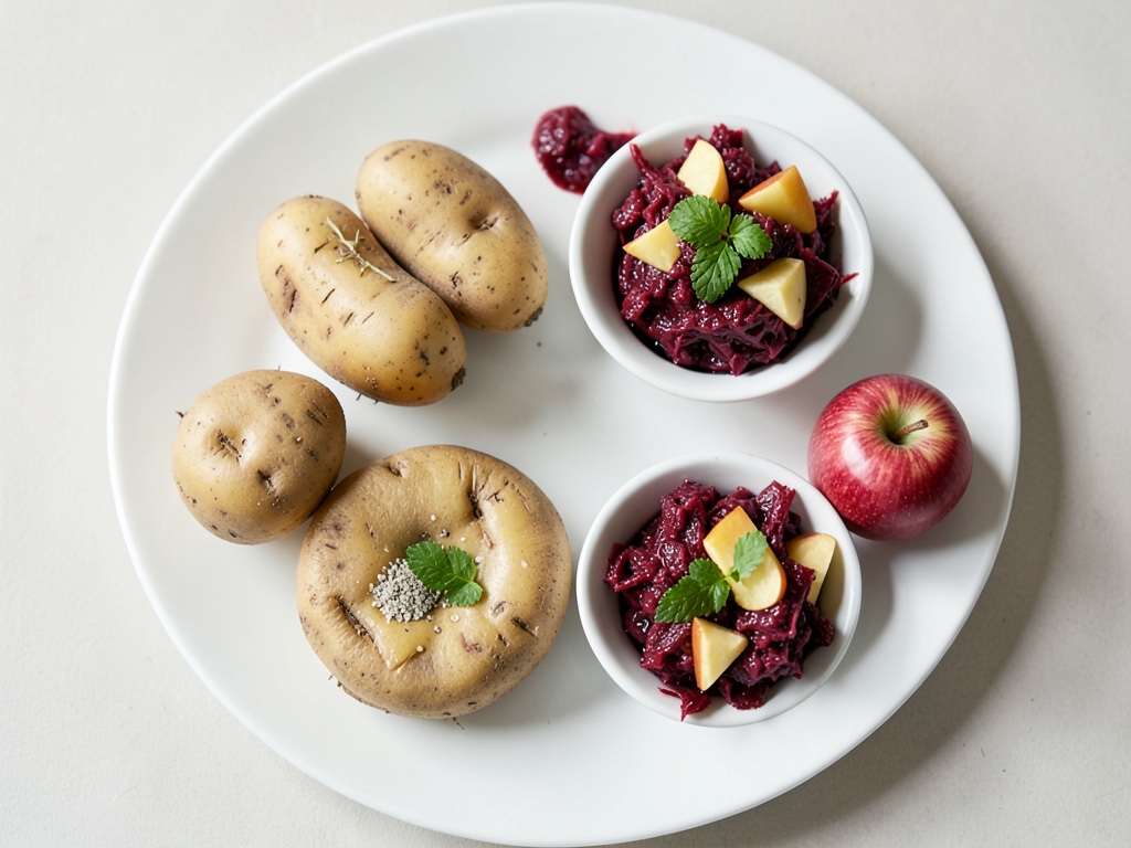Crocchette di patate croccanti con cavolo rosso e verdure di mele calde