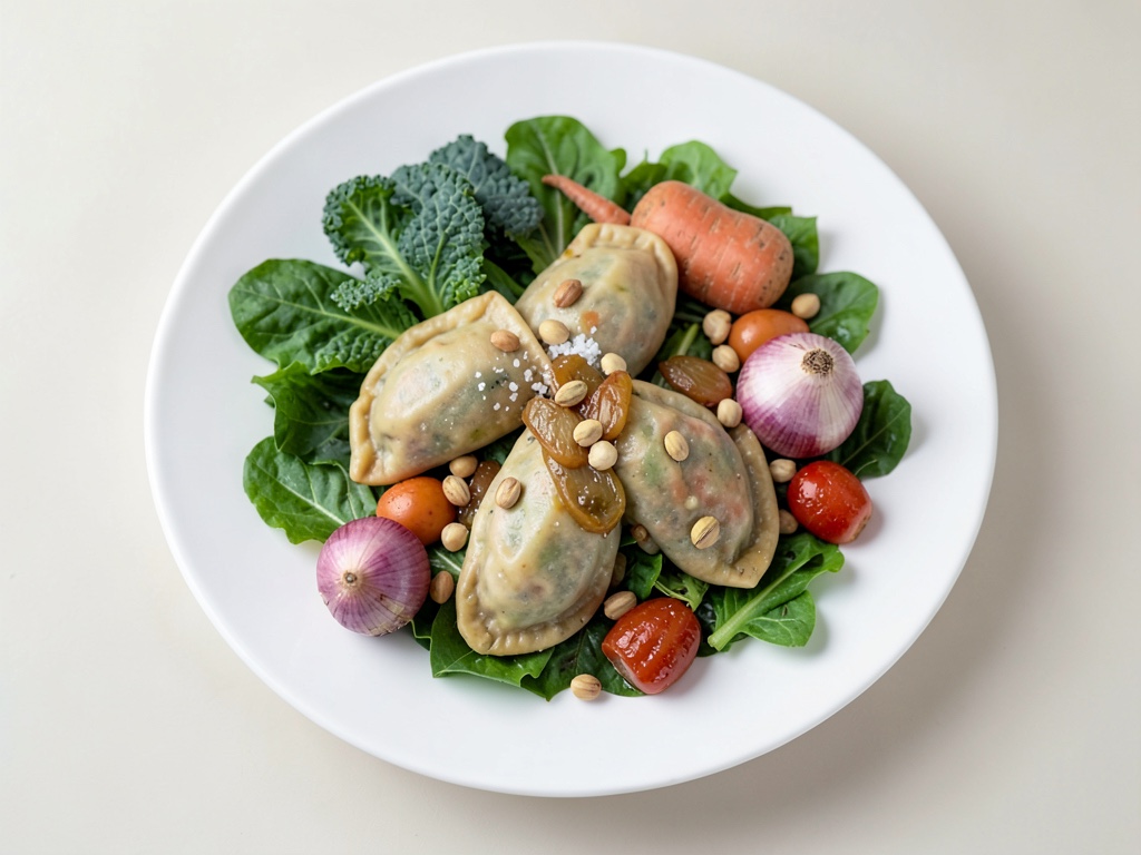 Chou pointu sauté avec salade de chou, oignons braisés et pistaches