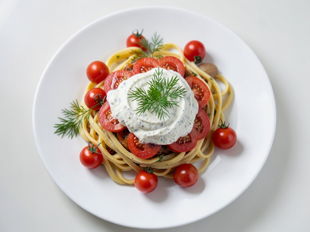 Knusprige Pasta mit Tomaten und Dill-Sauce