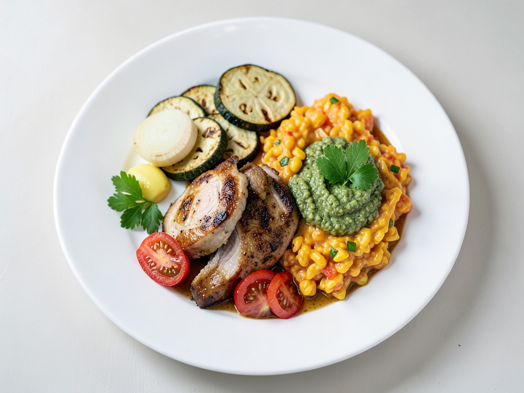 Petto di tacchino arrostito con zucchine al forno, risotto ai pomodori e pesto al prezzemolo