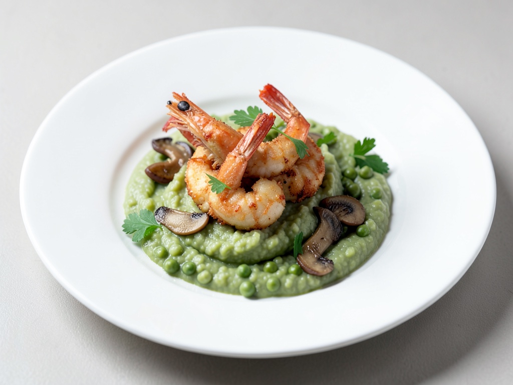 Crevettes roses sautées sur purée de pois et cèpes