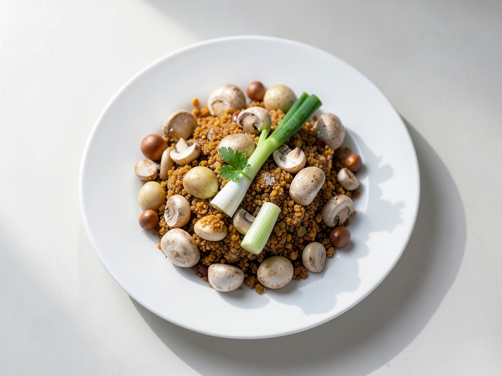 Polpettine di patate fritte con funghi champignon e porro con croccante alle nocciole