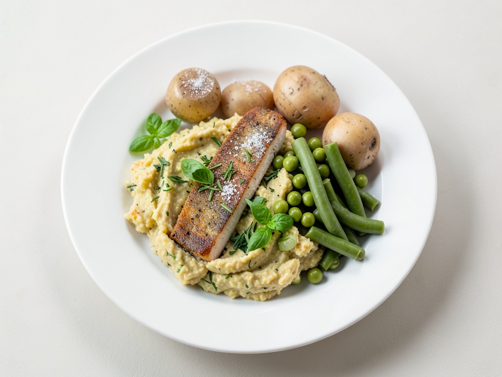 Cabillaud sauté avec purée de pommes de terre au basilic et haricots verts