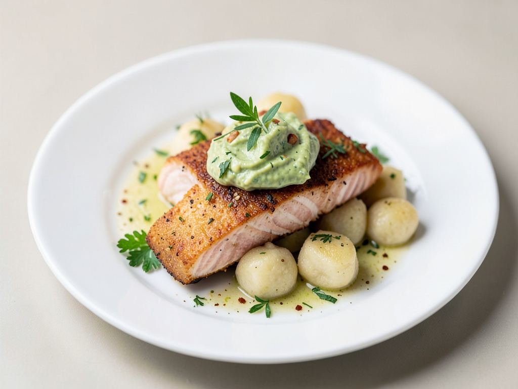 Salmone croccante con crema di avocado e gnocchi