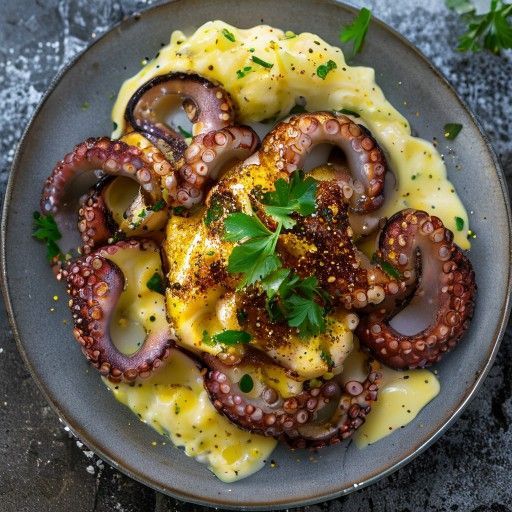 Calamars sautés avec purée de pommes de terre et céleri et beurre au poivron