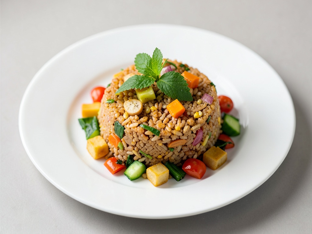 Riso croccante con verdure e pezzi di carne vegani