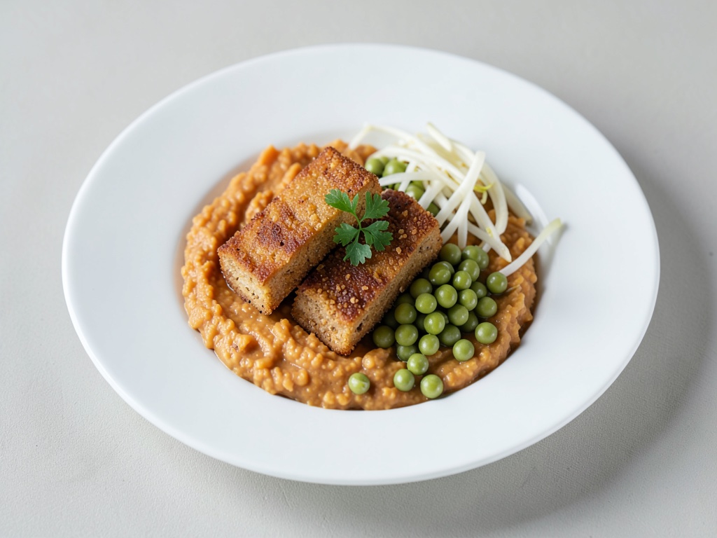 Knuspriger Tofu mit cremiger Süßkartoffel-Püree und gedünsteten Prinzessbohnen