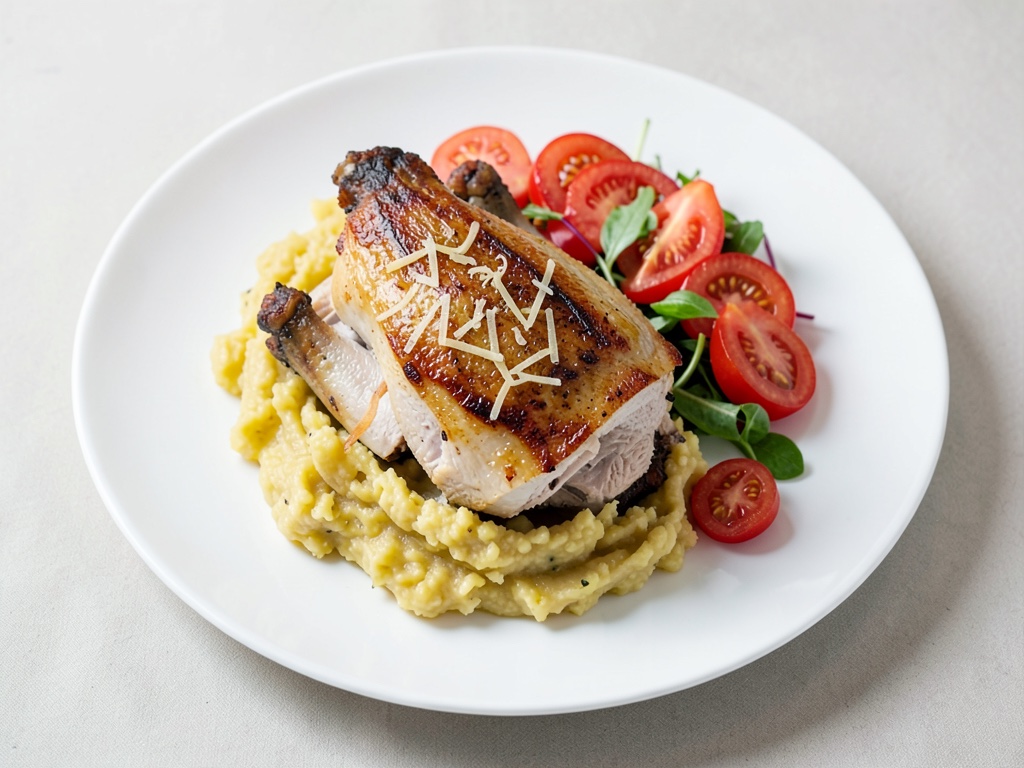 Poulet rôti avec purée de pommes de terre au parmesan et salade de tomates