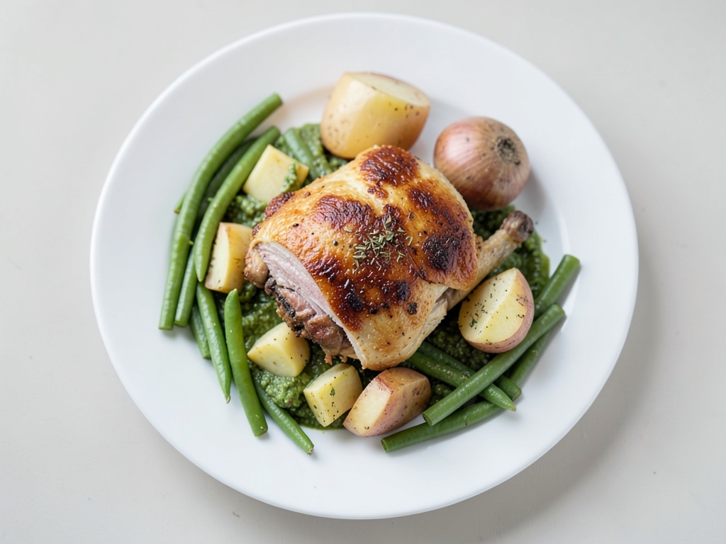 Pollo croccante con insalata di patate al pesto e fagiolini croccanti