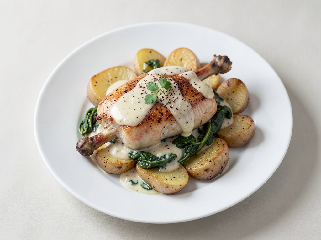 Filet de poulet croustillant à la sauce épinards-crème-vin blanc sur pommes de terre éventail
