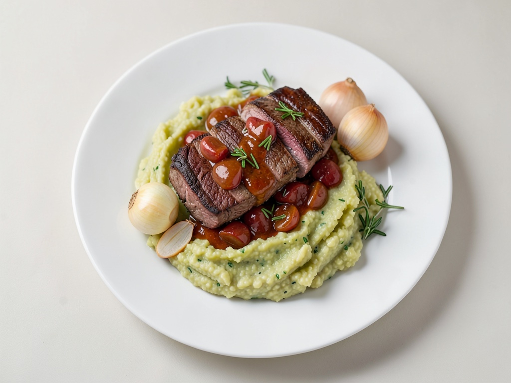 Filetto di manzo arrosto con chutney di pere e rosmarino e purè di sedano