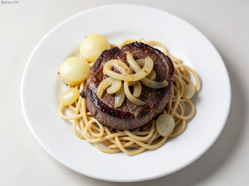 Bistec di scottona succoso con cipolle caramellate e spätzle croccanti