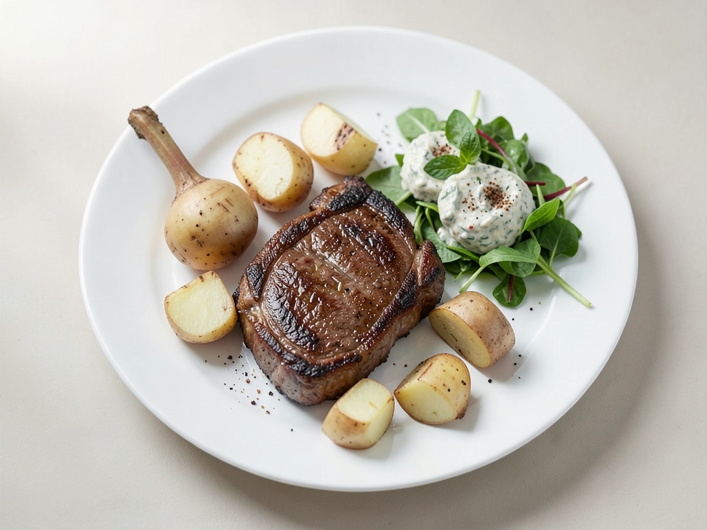 Bistecchi di tacchino con patate al forno, insalata di zaziki e yogurt alla menta