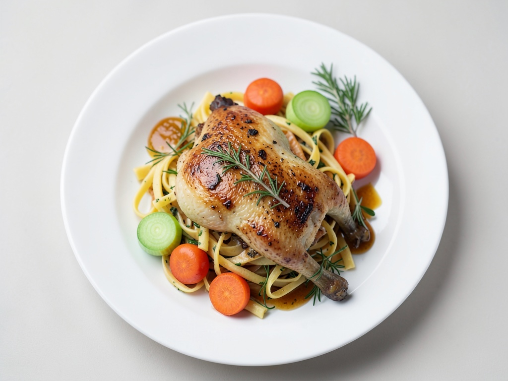 Pollo al timo con cavolo rapa e carote su tagliatelle