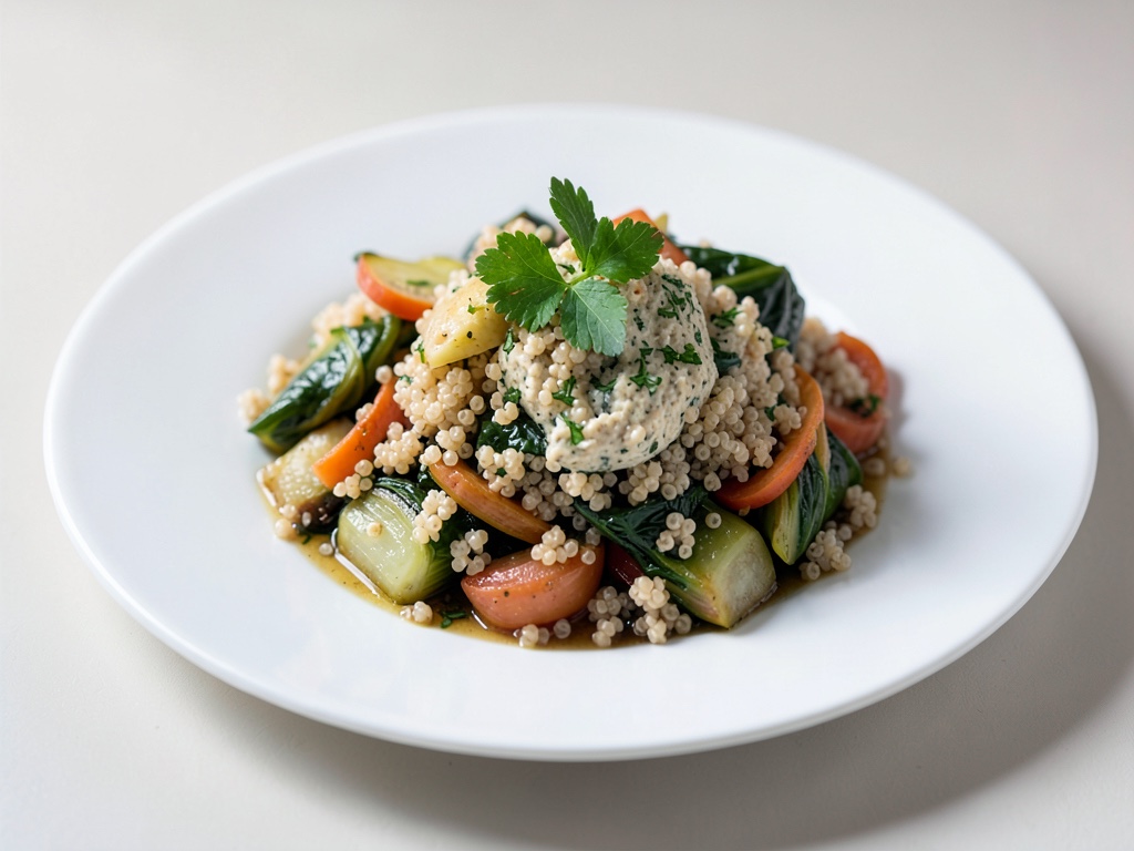 Verdure al vapore con quinoa e quark alle erbe