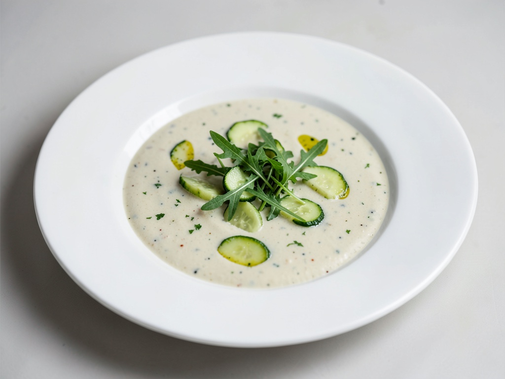 Sopa fría y refrescante de suero de leche con pepino y rúcula