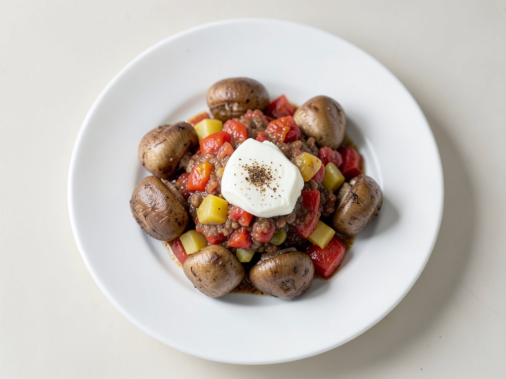 Funghi ripieni di formaggio fresco e zuppa di patate e pomodori